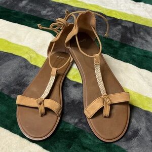 Sanuk Tan Yoga Lace-Up T-Strap Sandals with Braided Detail Size 11W